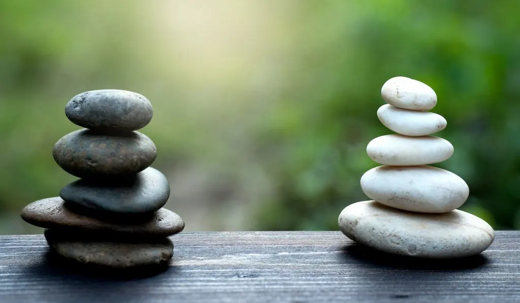 Balanced black and white zen stones with blurred green background