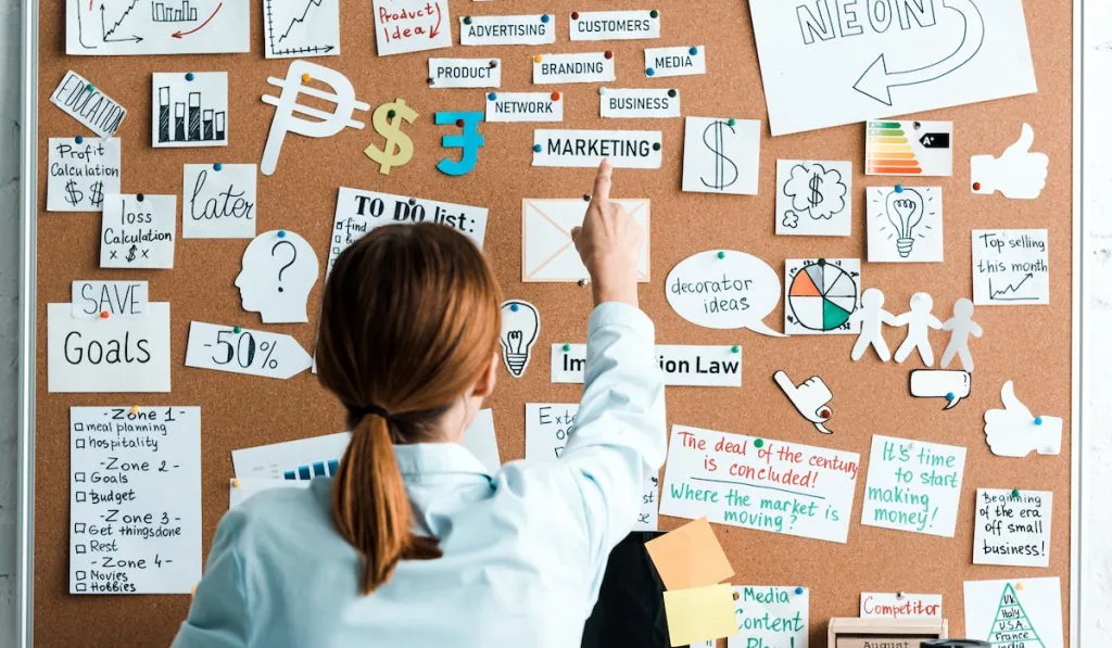 back view of businesswoman pointing with finger at goal board