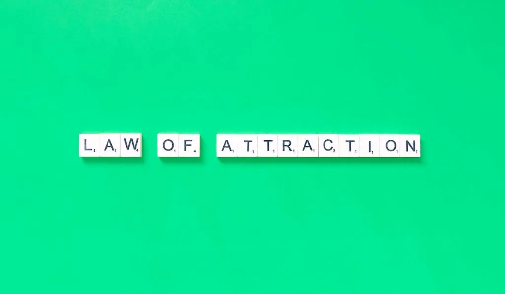 law of attraction words on green background